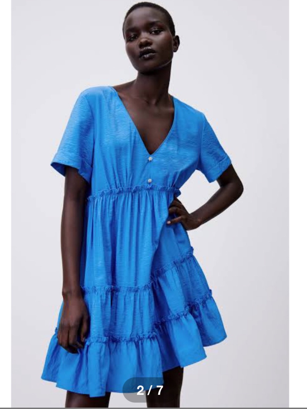 ZARA Bright Blue V-Neck Tiered Mini Dress